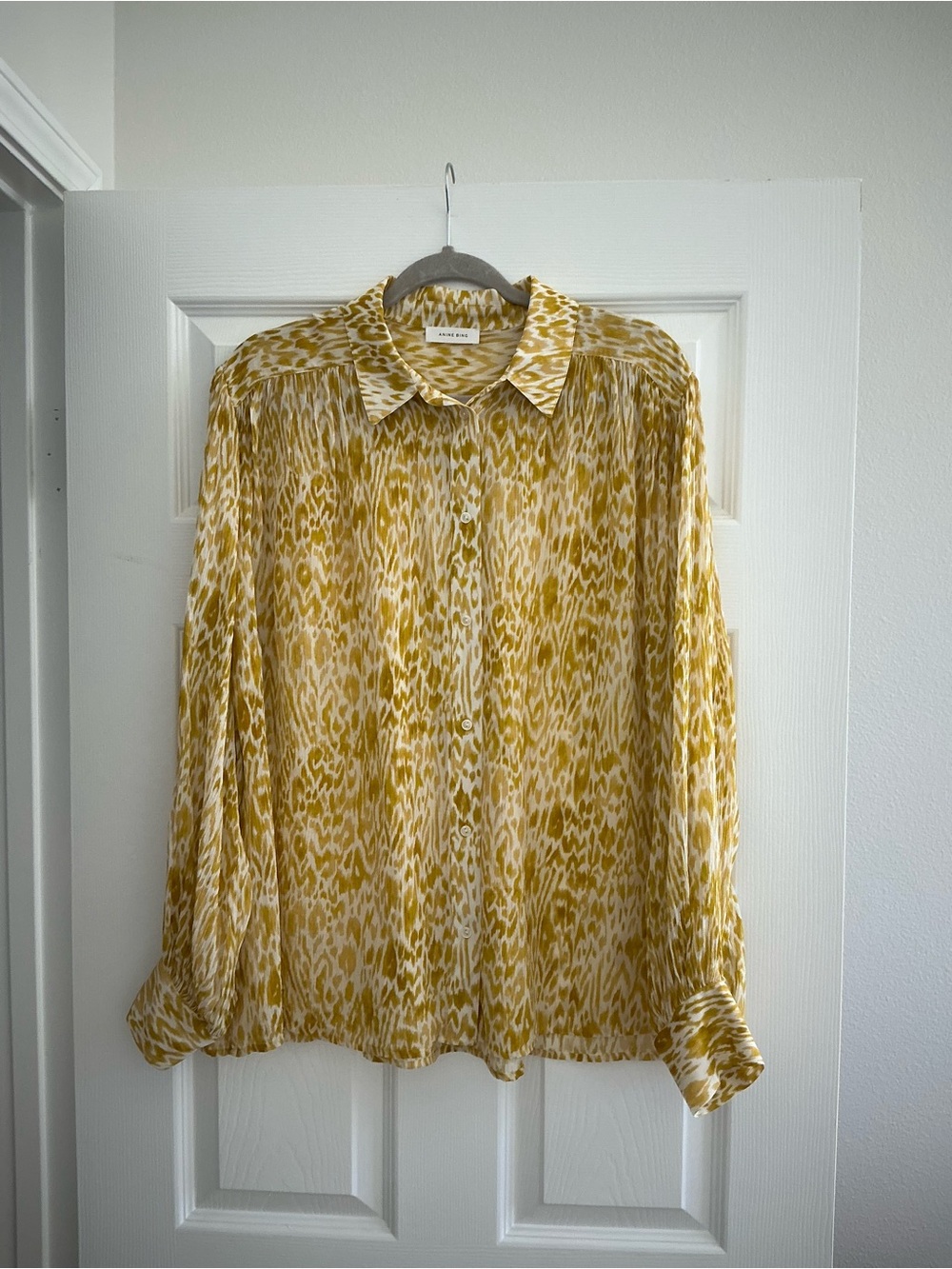 Anine Bing Mustard and Cream Animal-Print Button-Down Blouse